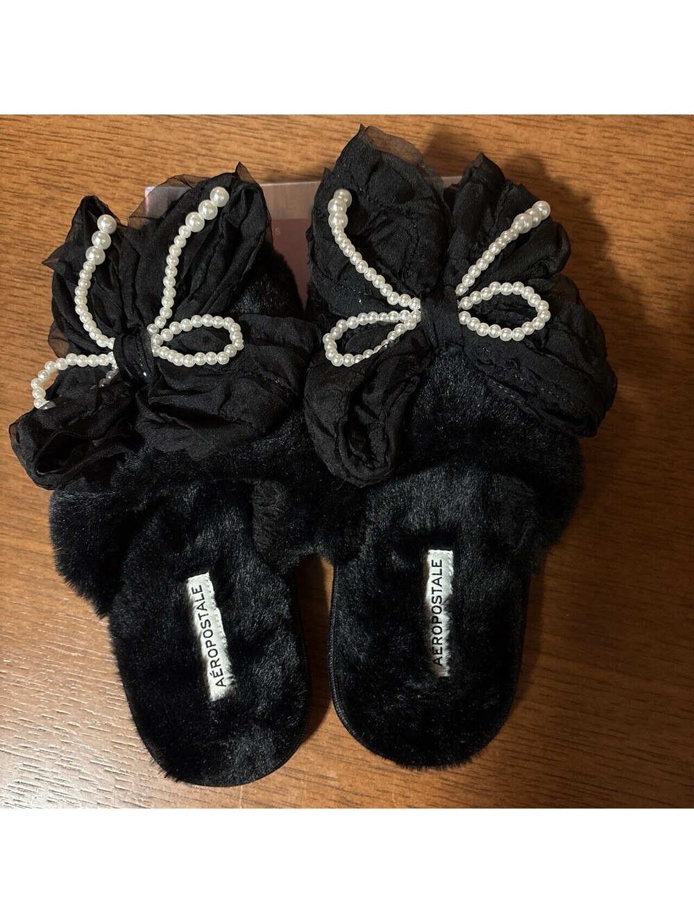 Aéropostale Black Faux Fur Lined Pearl Bow Slide Slippers Open Toe M 7/8